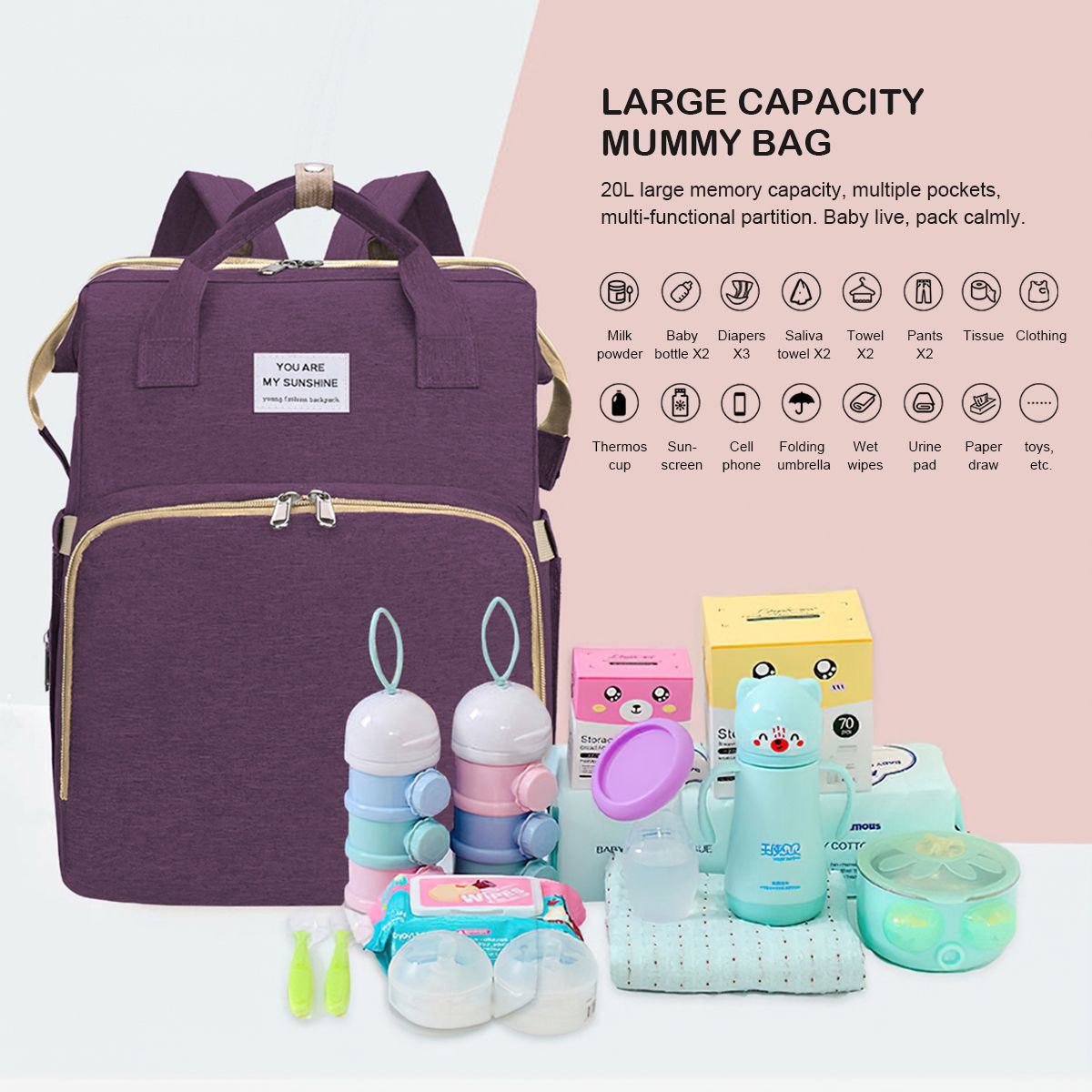 Diaper Bag Backpack, Multifunctional Baby Changing Bag with Foldable Crib &  Insulated Milk Bottle Pocket, Large Capacity Travel Backpack with USB